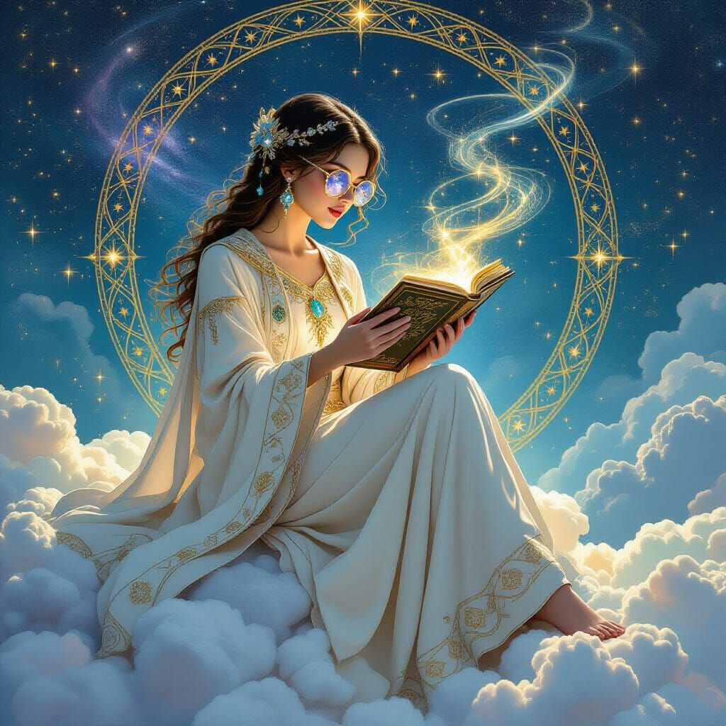 Celestial Librarian Reading Tomes in Surrealist Style