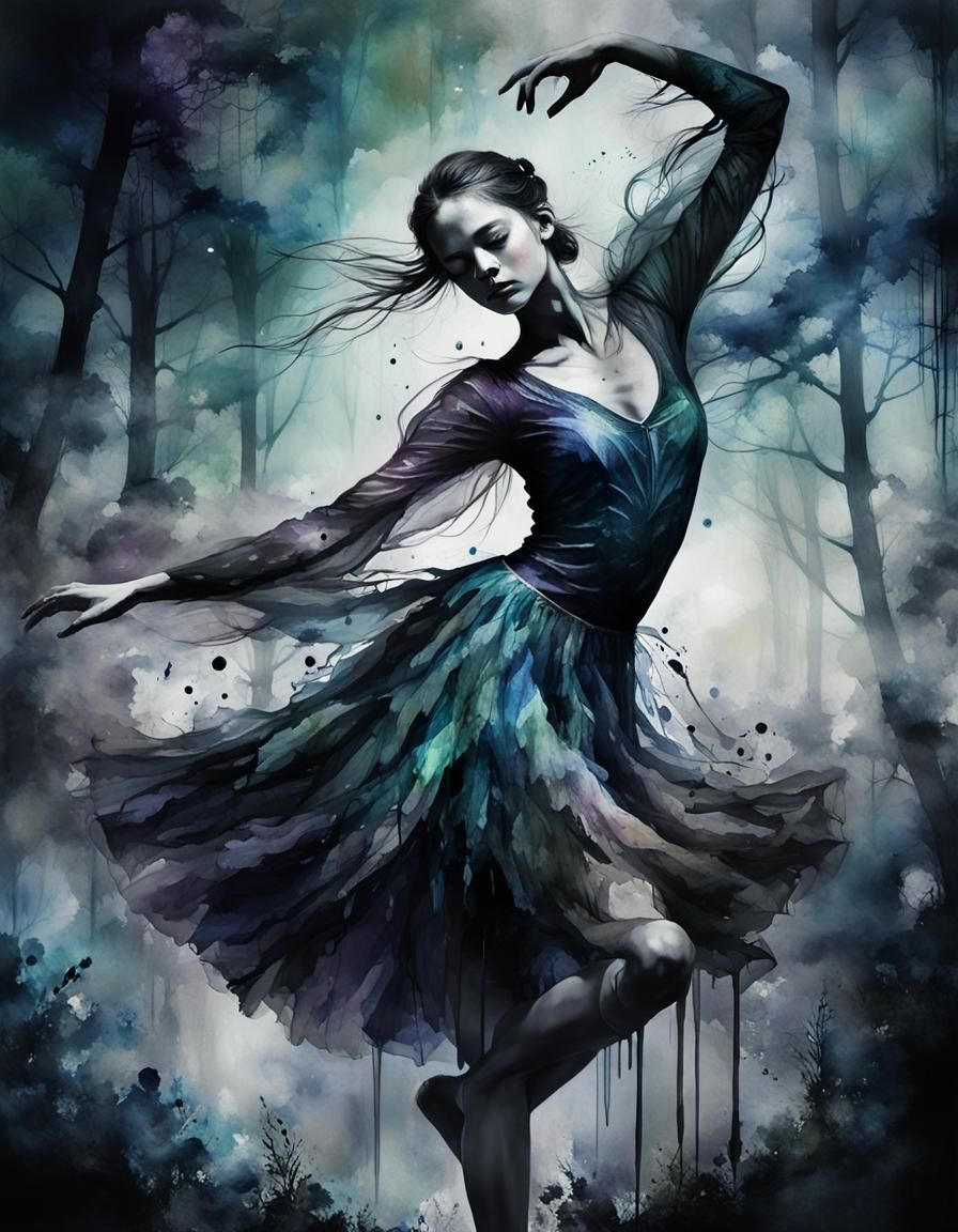 Double Exposure: Ballerina in Misty Forest Night