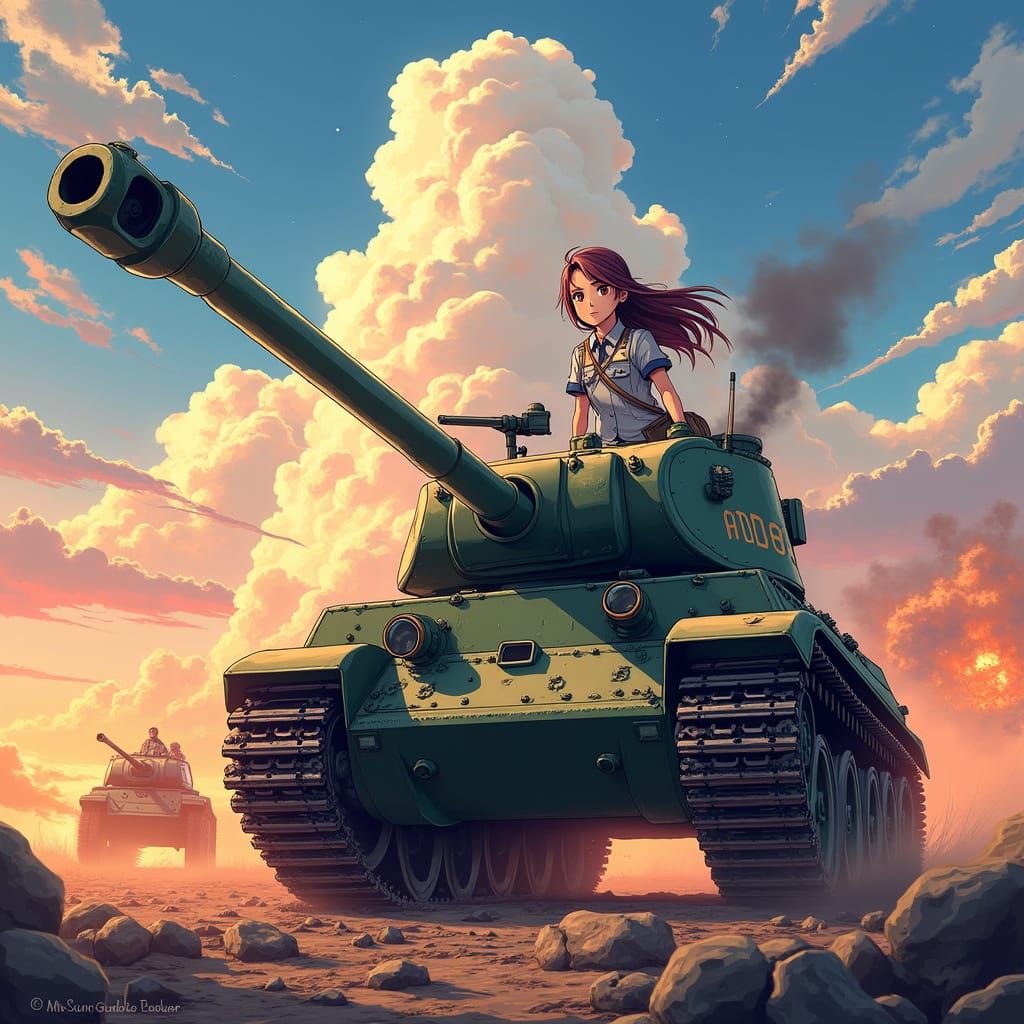 Girls und Panzer Anime Scene in Vibrant Cel-Shaded Style