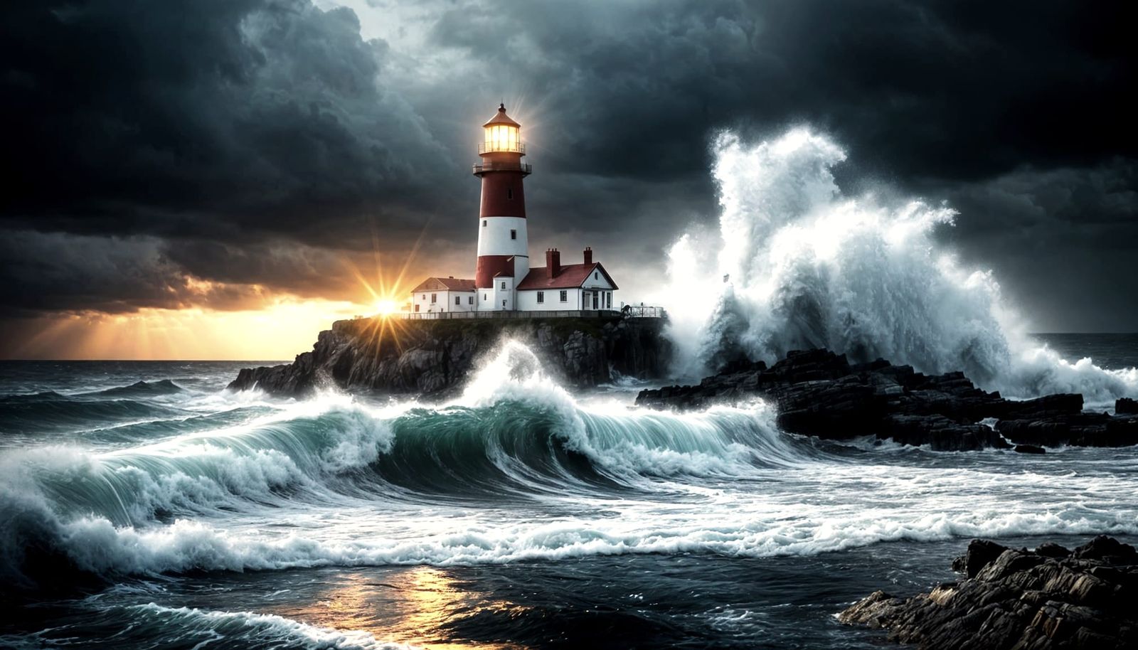 Vibrant Lighthouse in Stormy Weather, Captured in Hyperreali...