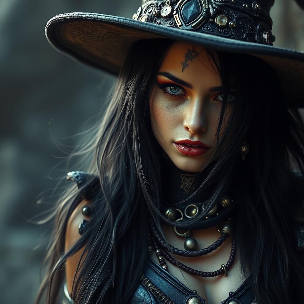 Steampunk Witch with Black Hair: Digital Matte Painting