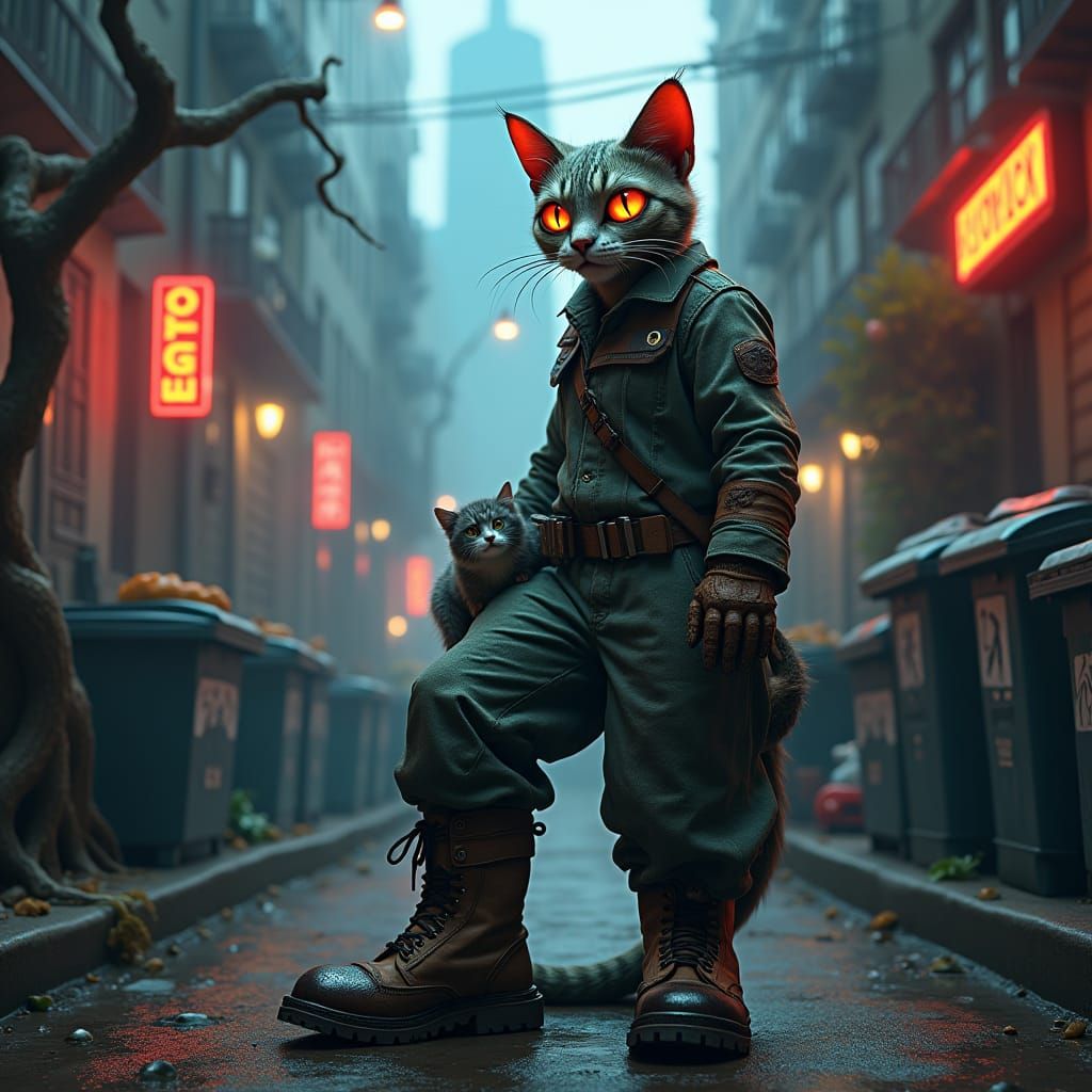 Three-Eyed Cat in Cyberpunk Alleyway
