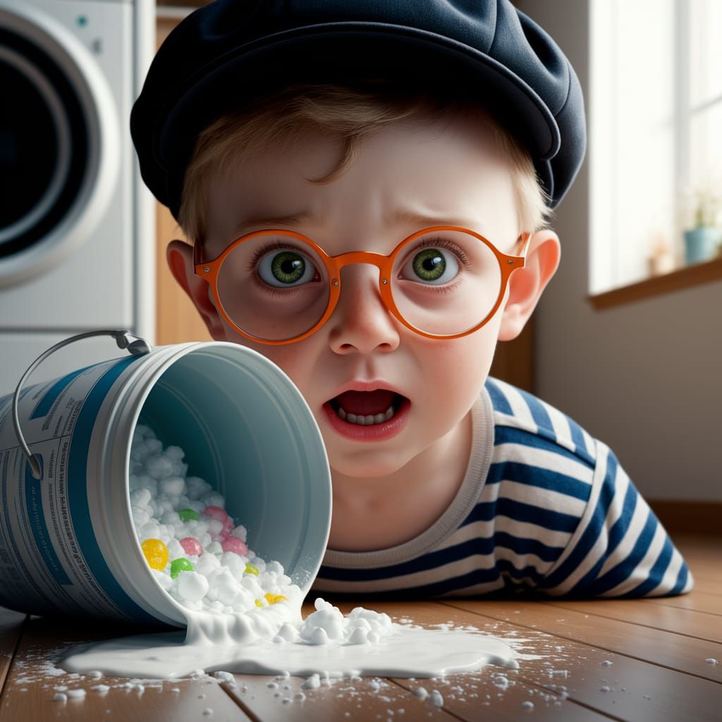 Boy Surprised by Detergent Spill in Soft Light
