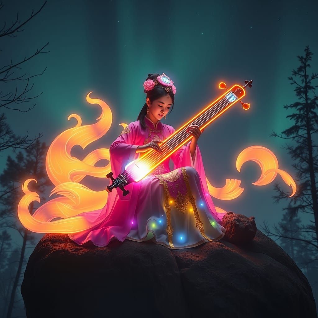 Neon Chinese Girl Playing Gu Zheng in Magical Landscape