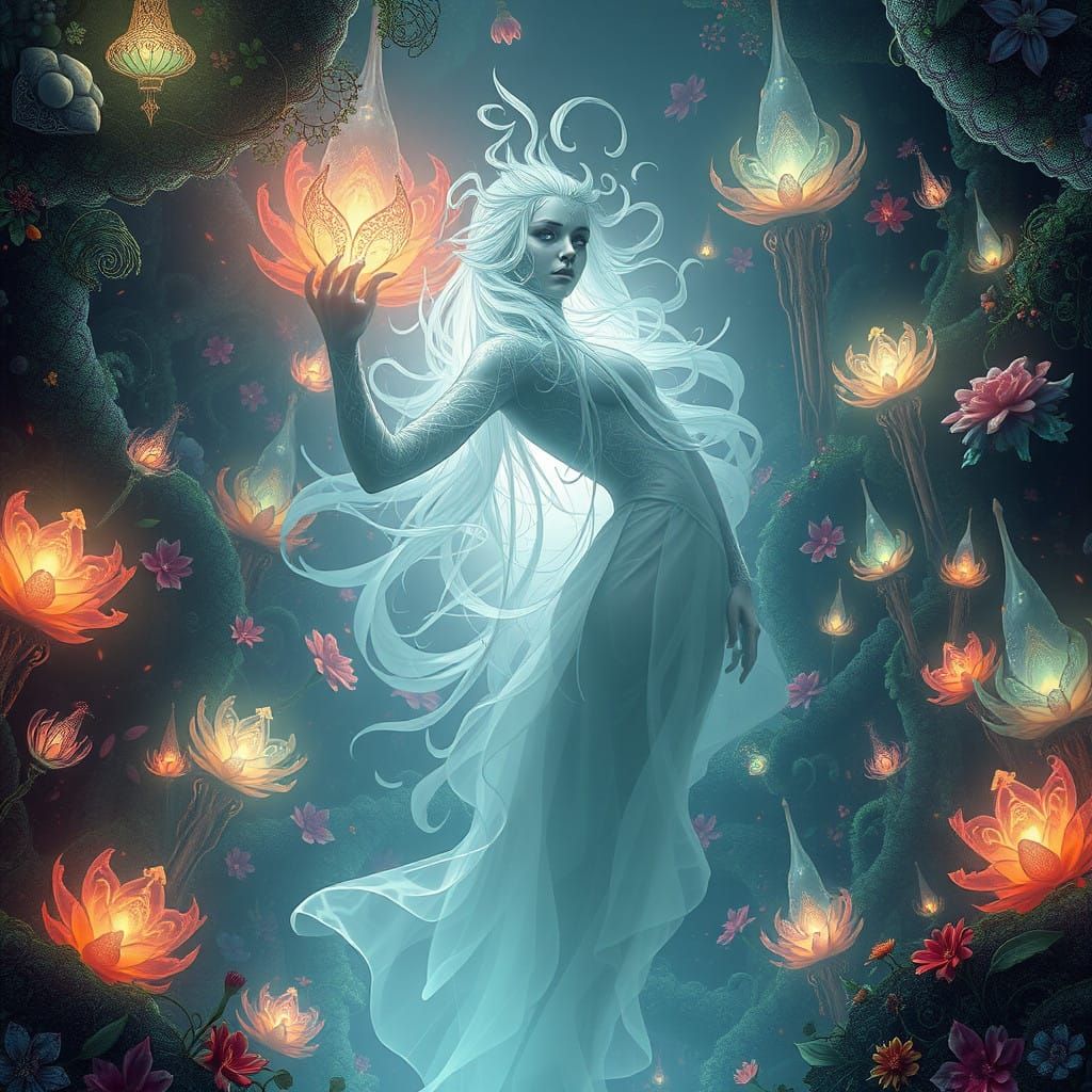 Ethereal Being in Vibrant, Glowing Realm