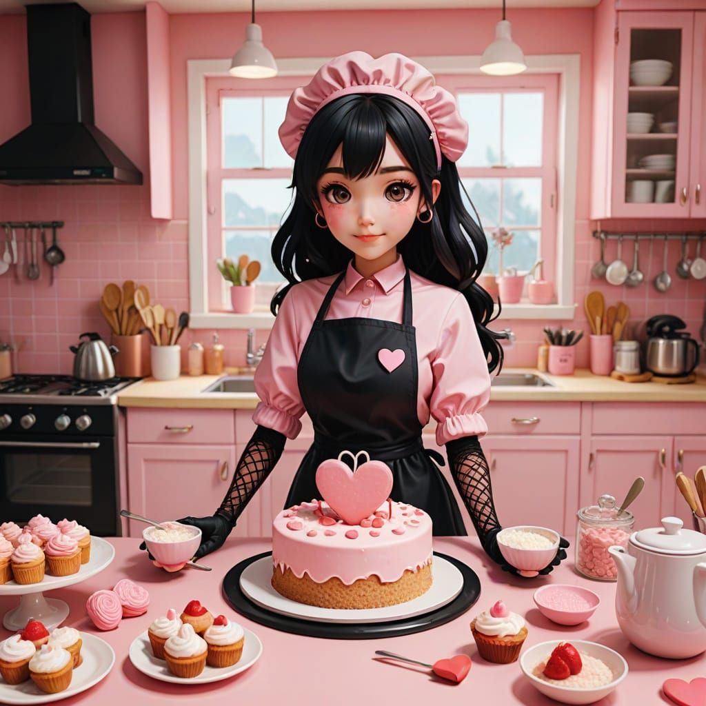Sweet Emo Goth Girl Bakes Valentine's Day Cake in Pastel Par...