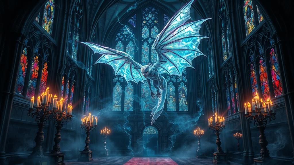 Winged Banshee in Gothic Cathedral, as Gouache Painting