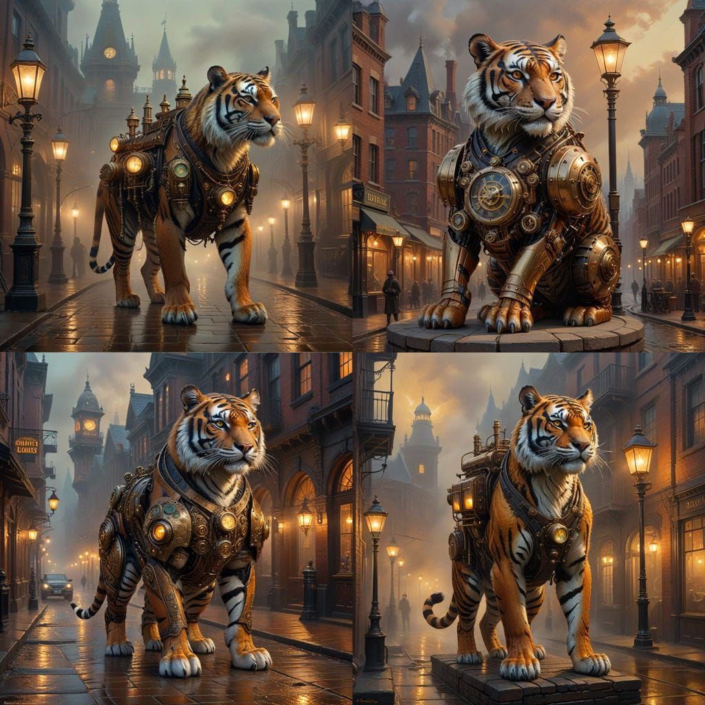 Steampunk Tiger Amidst Victorian Cityscape