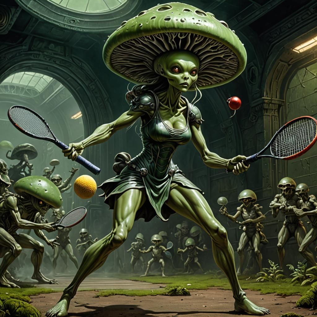 mushroom alien playing tennis