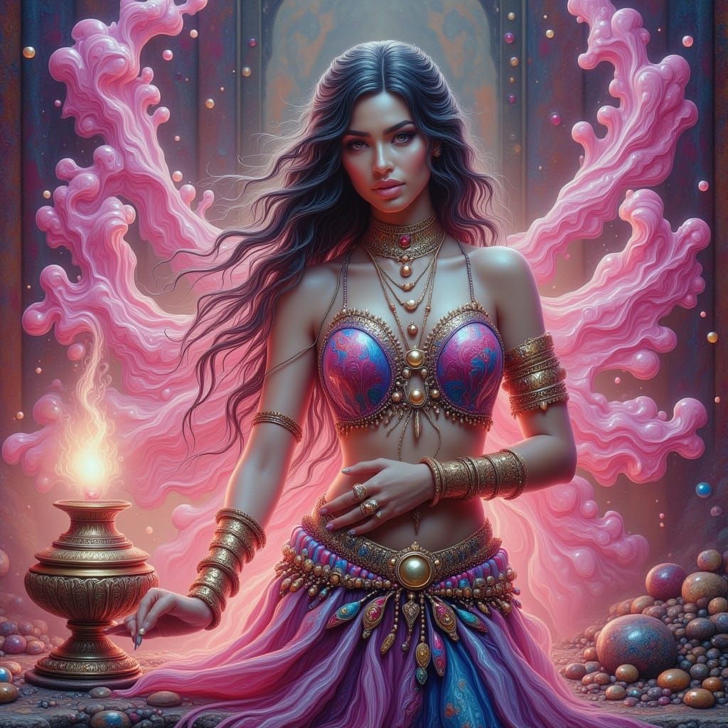 Genie Emerges from Lamp in Opulent Palace