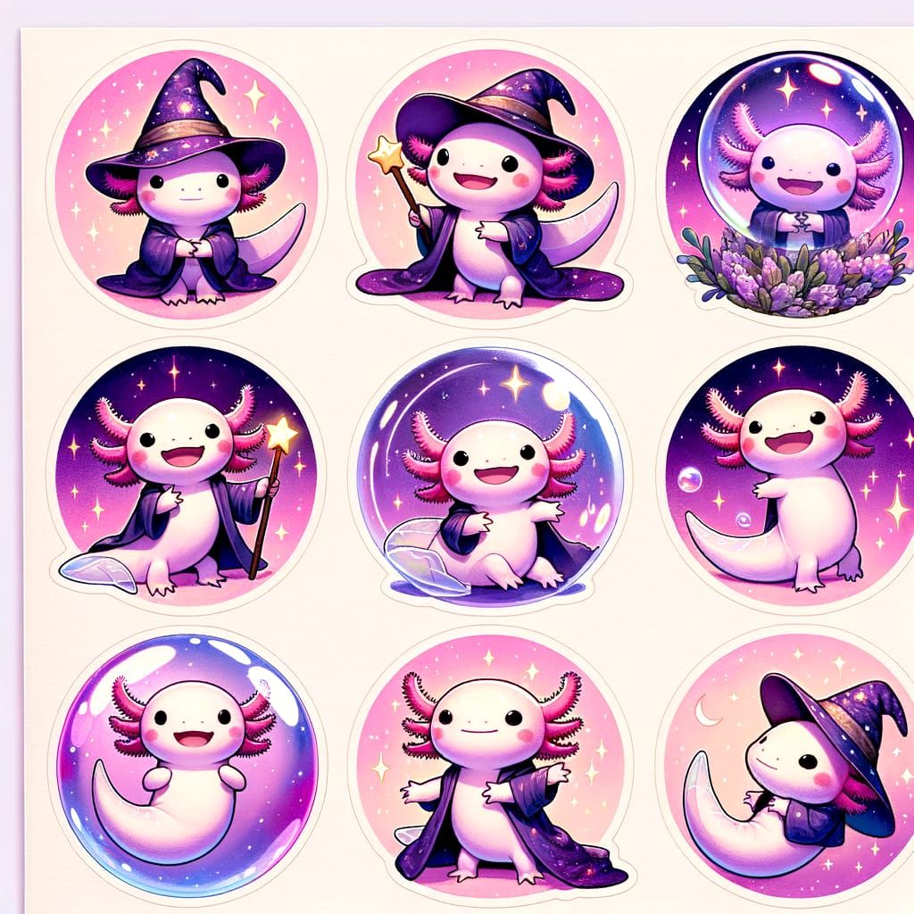 Adorable Axolotl Stickers in Magical Poses