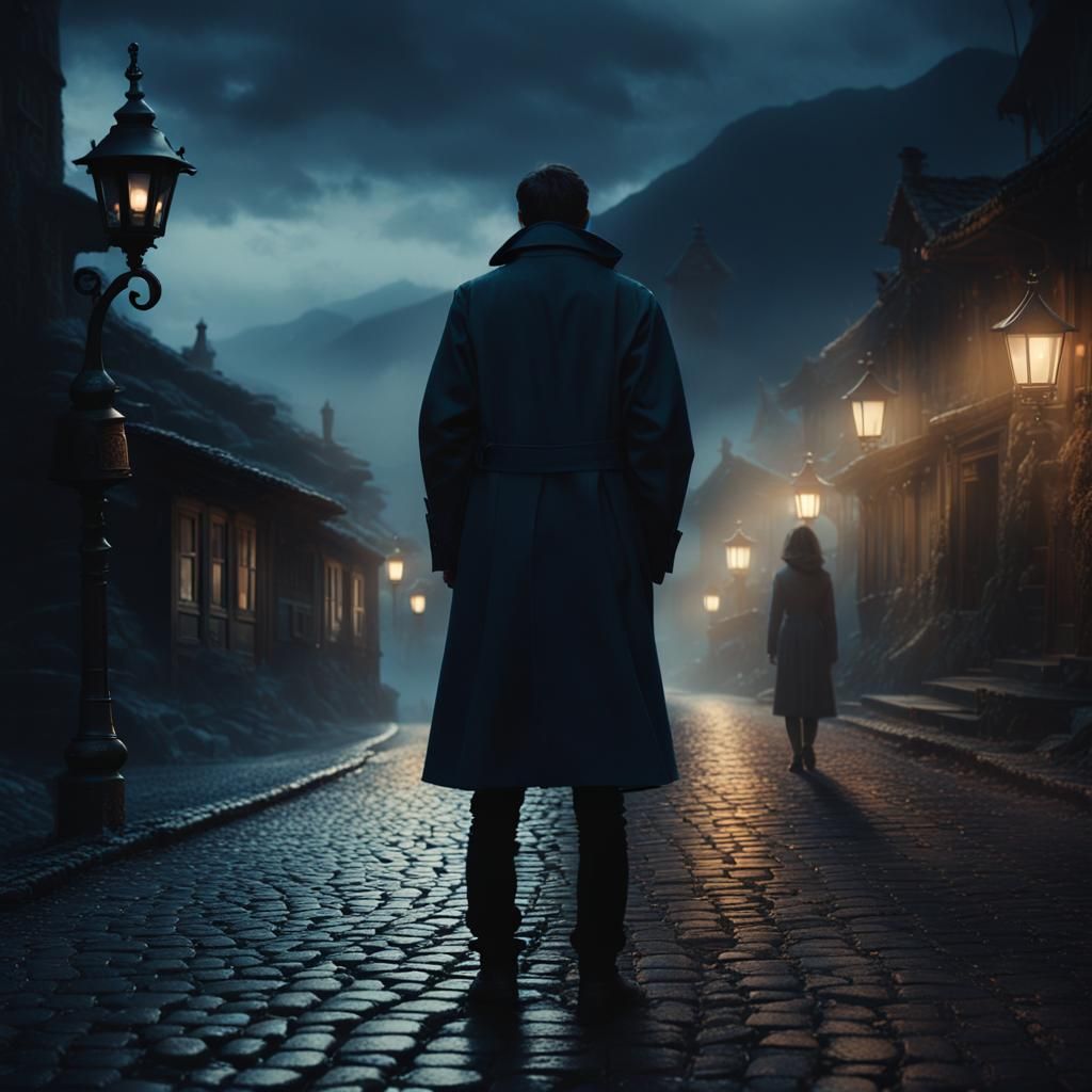 Mysterious Girl on Misty Mountain Street in Dark Fantasy Sty...