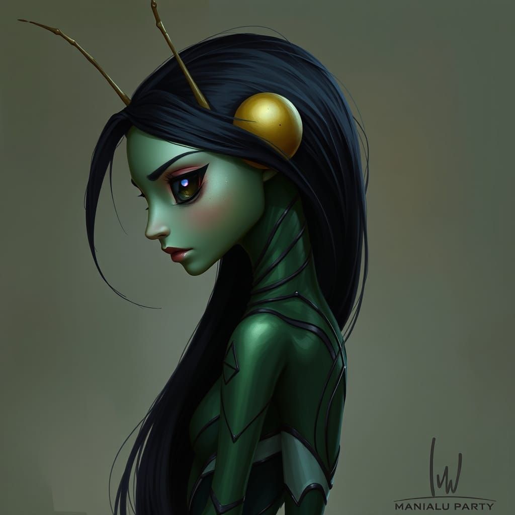Mantis Profile with Flowing Hair, Digital Art