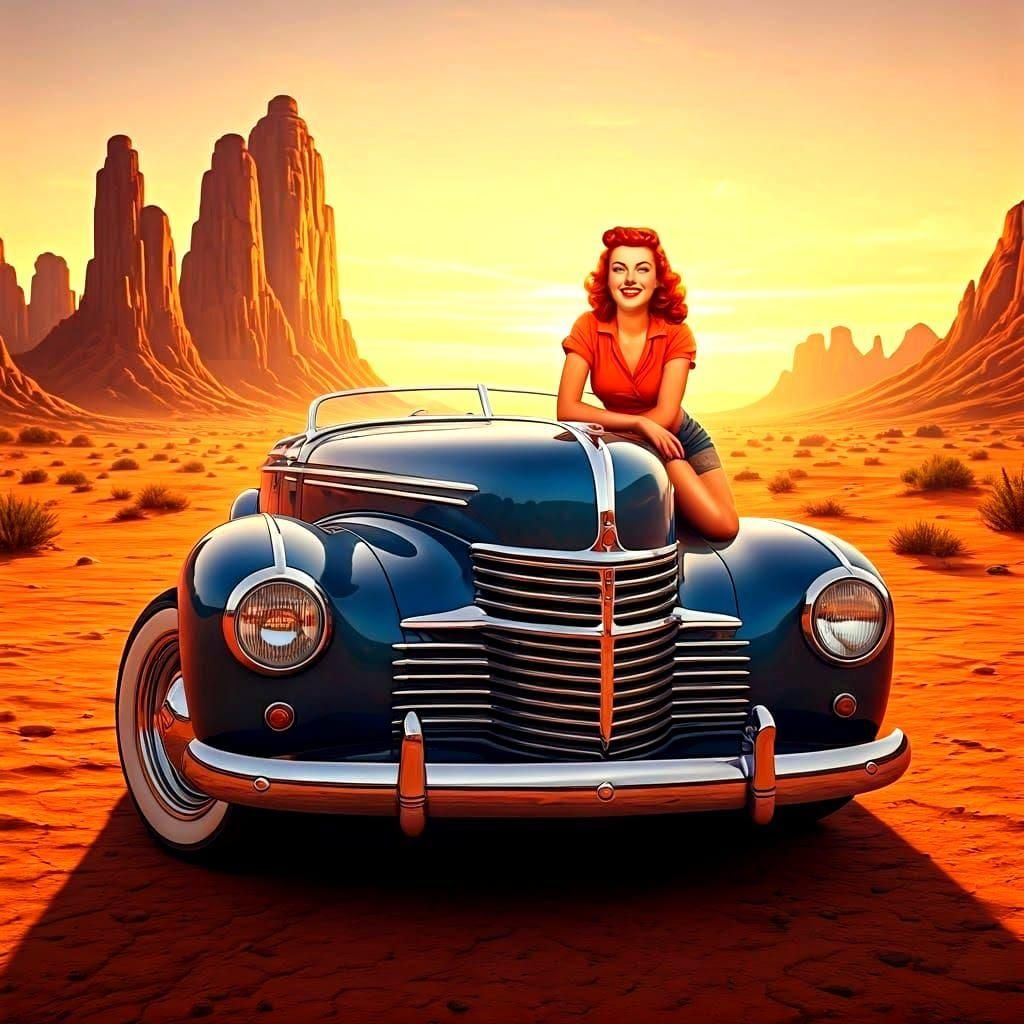 Classic Pin-Up Girl on Roadster: 1940s Poster Art