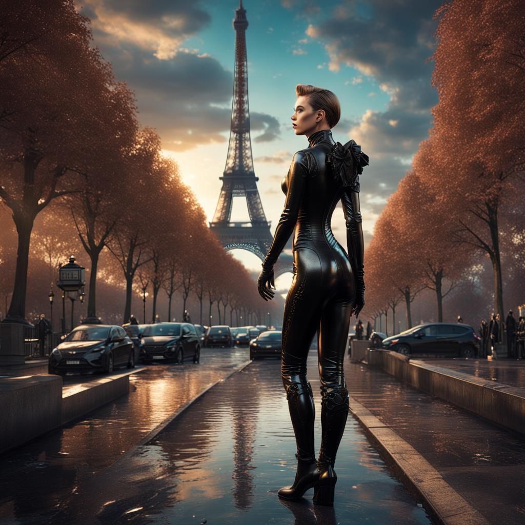 Woman in Latex Catsuit near Eiffel Tower