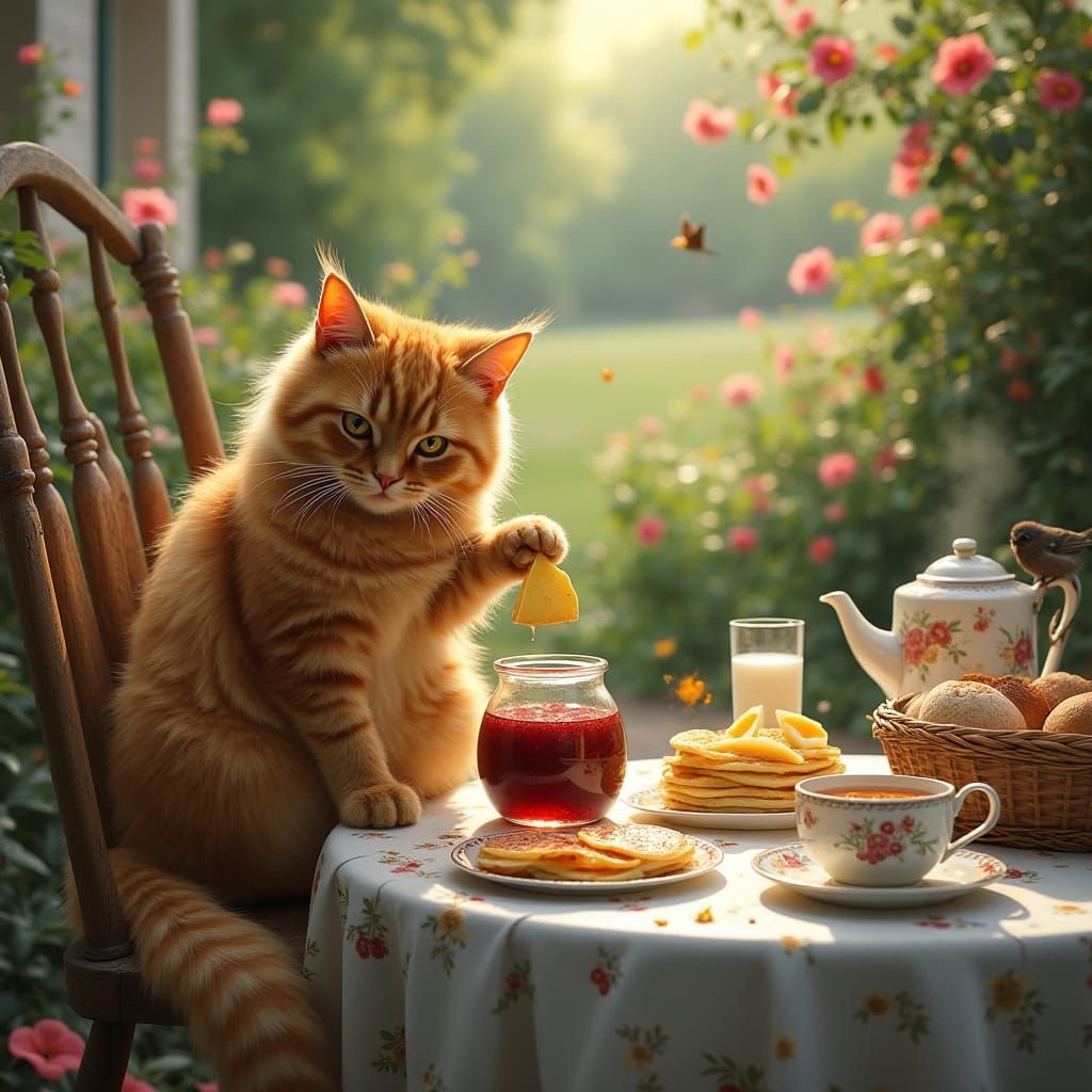 Chubby Ginger Cat Enjoys Cozy Garden Breakfast