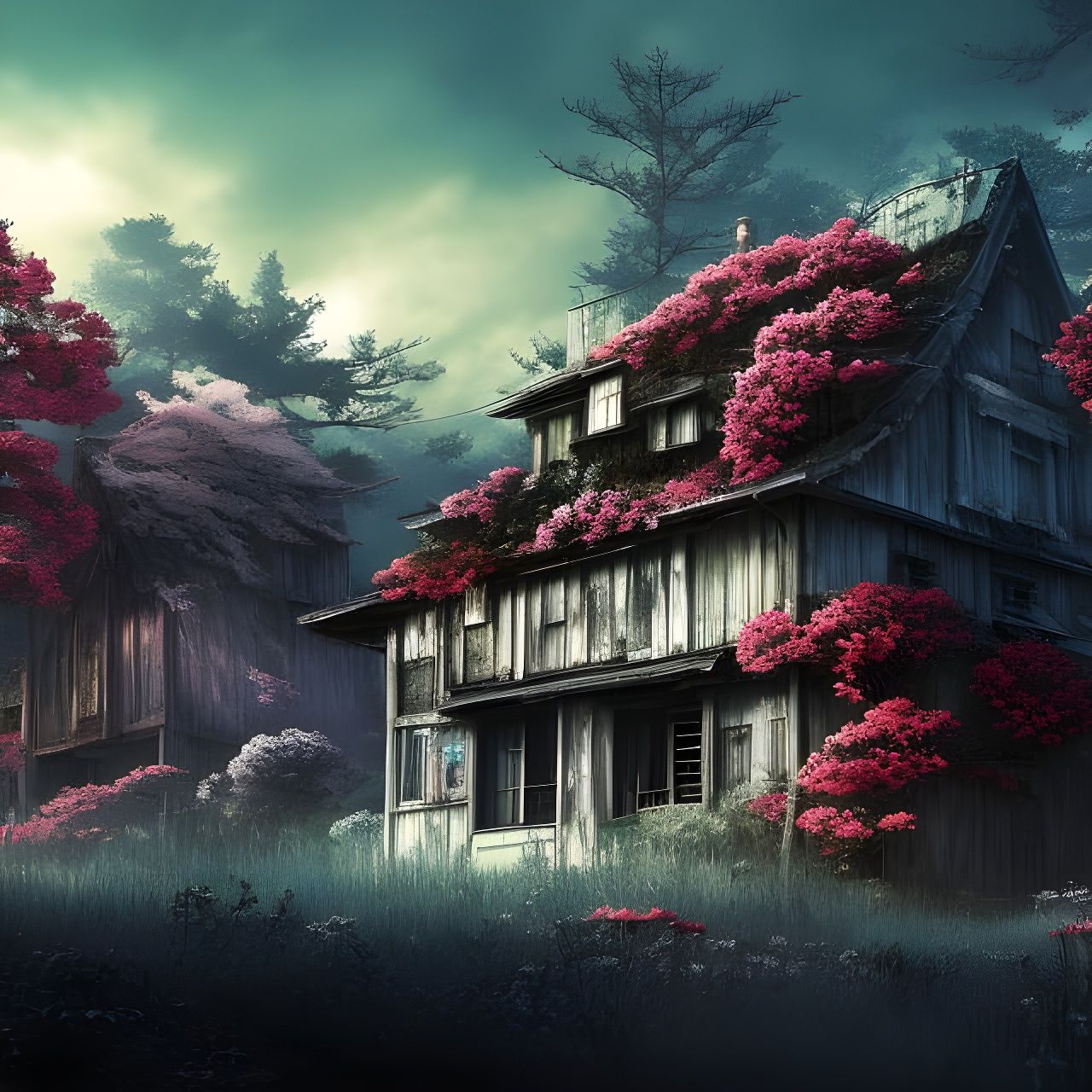 Post-Apocalyptic Floral House: Expressionist Horror Art