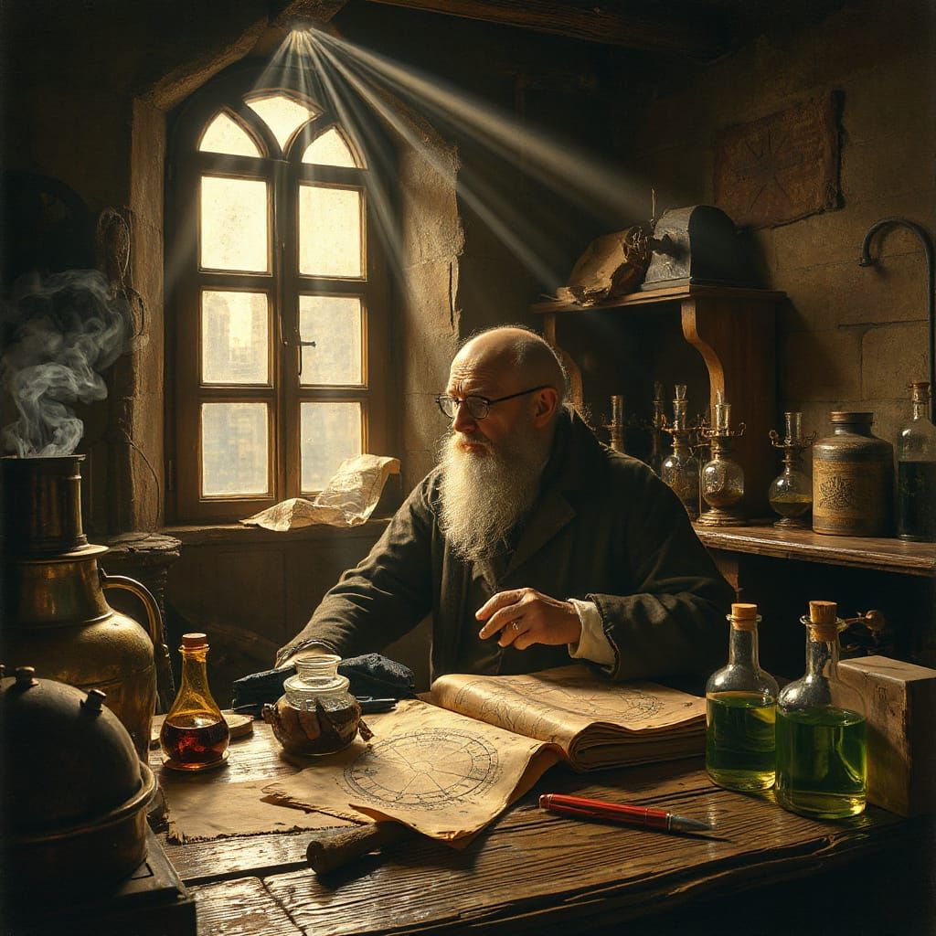 Wise Alchemist in Medieval Lab with Mystical Potions