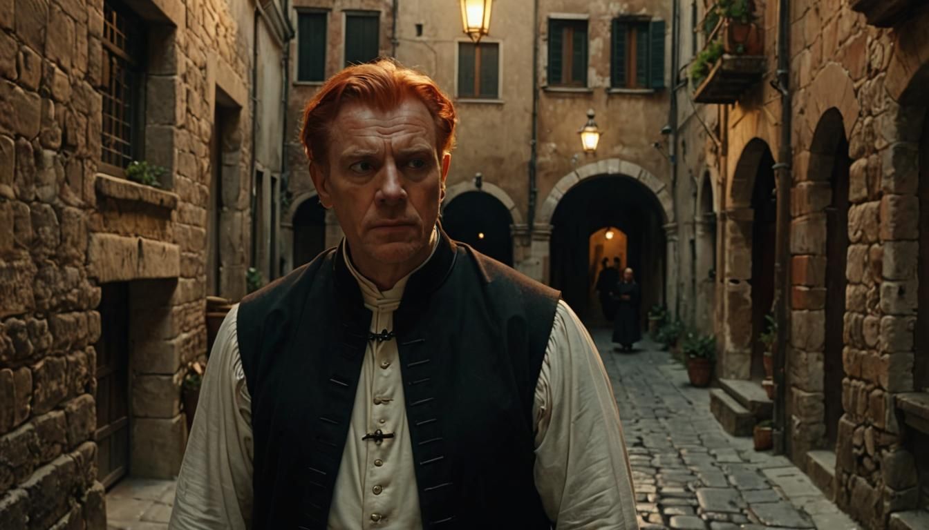 Venetian Clergyman in Alleyway: Cinematic Oil Painting