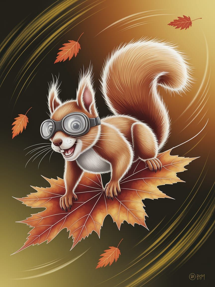 Squirrel Gliding on Maple Leaf in Autumn Breeze