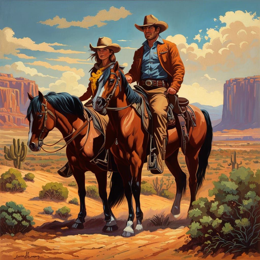 Cowboy and Cowgirl Desert Portrait in Comic Style