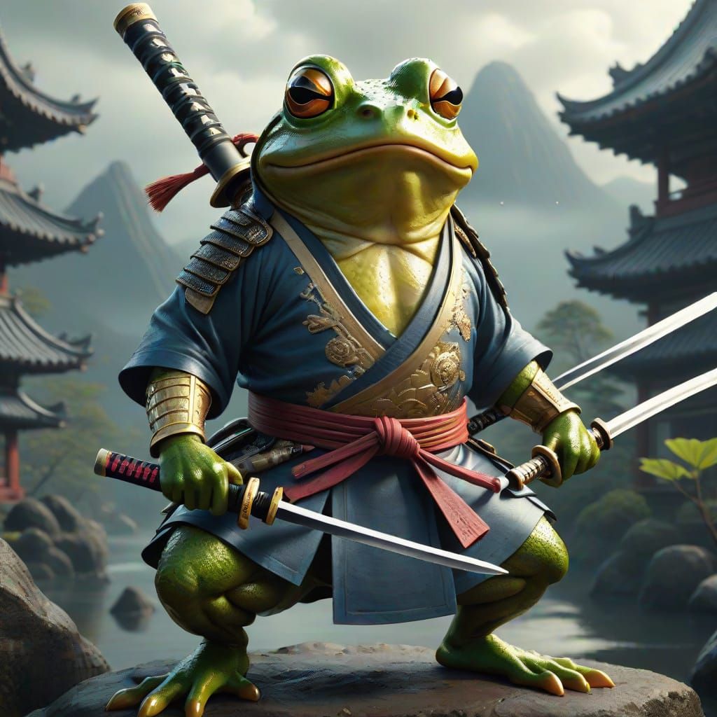 Epic Samurai Frog Poses with Katana in Vibrant Digital Art