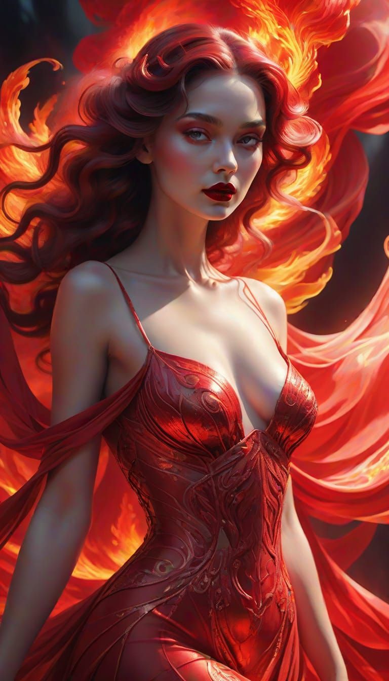 Fire Goddess in Ethereal Red Fabrics