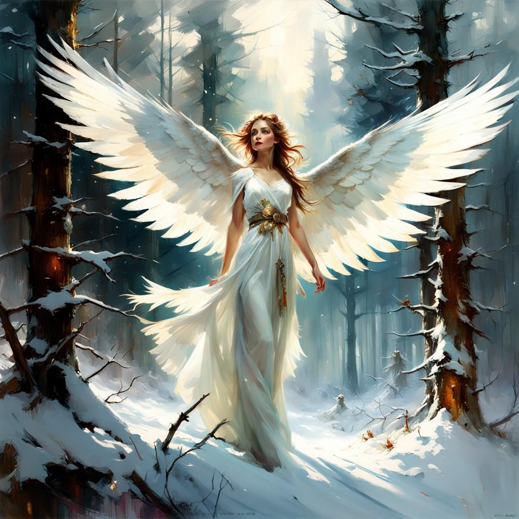 Angelic Figure in Snowy Woods: Detailed Matte Painting