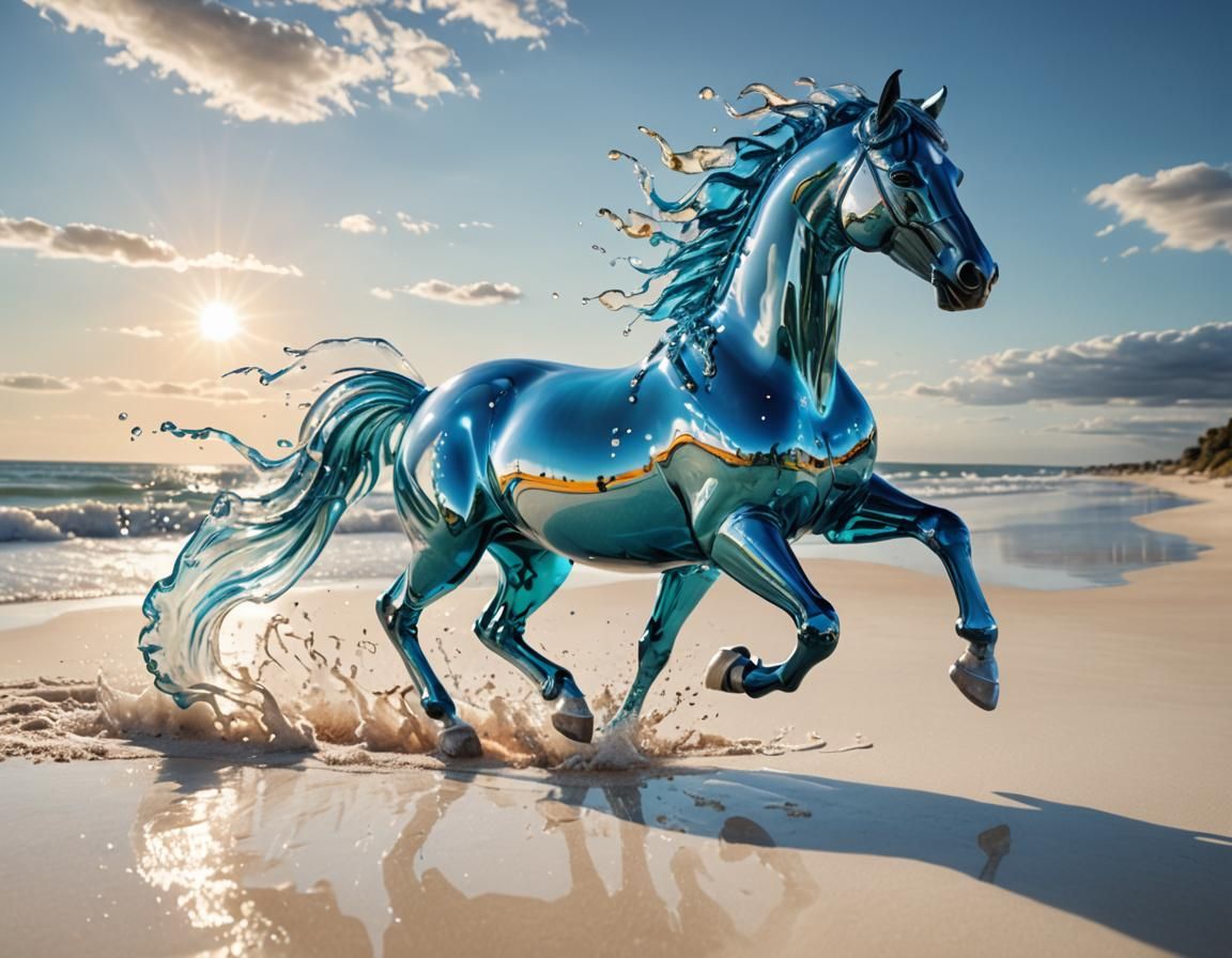 Glass Horse Galloping on White Sand Beach