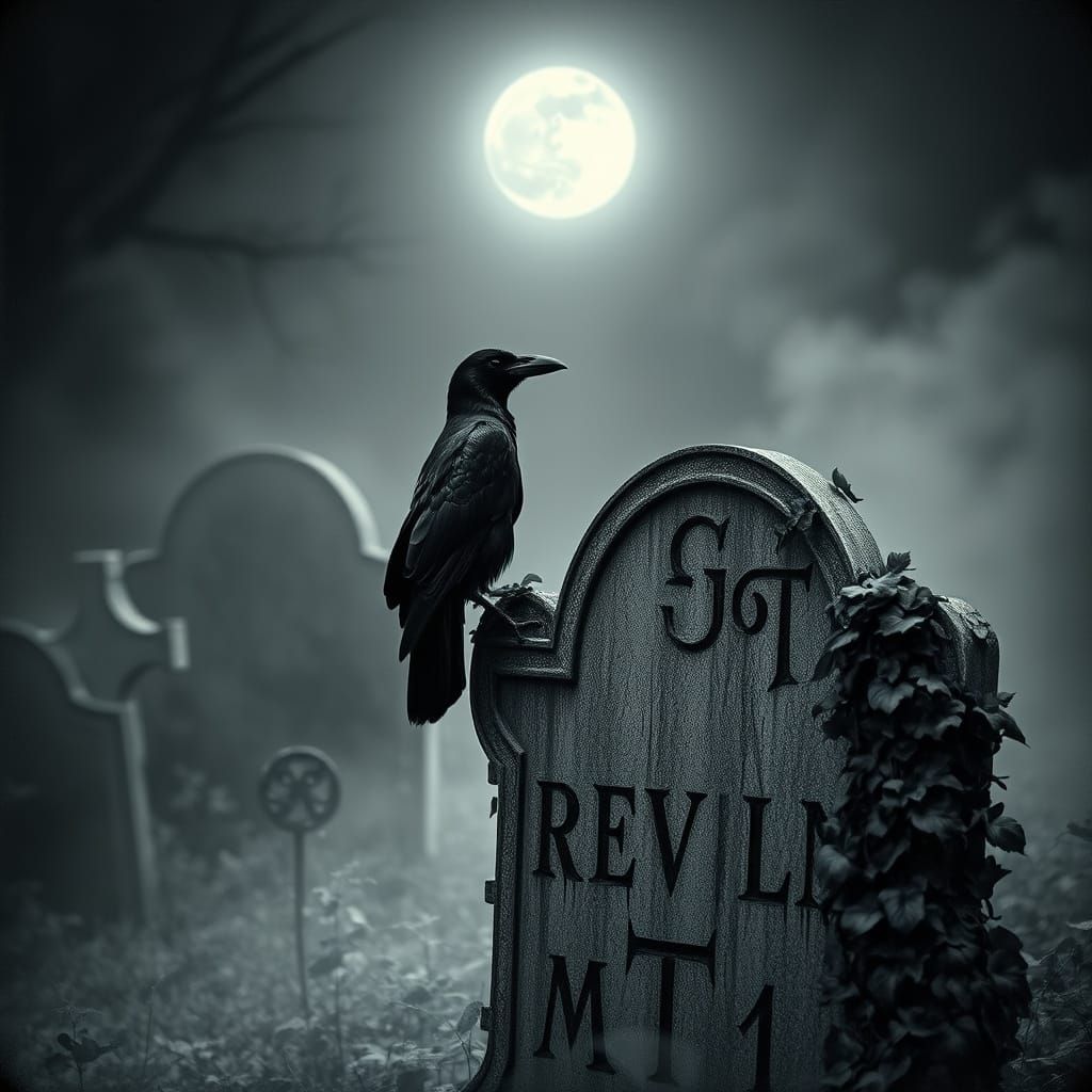 Raven on Gravestone in Misty Cemetery: Photogram Style