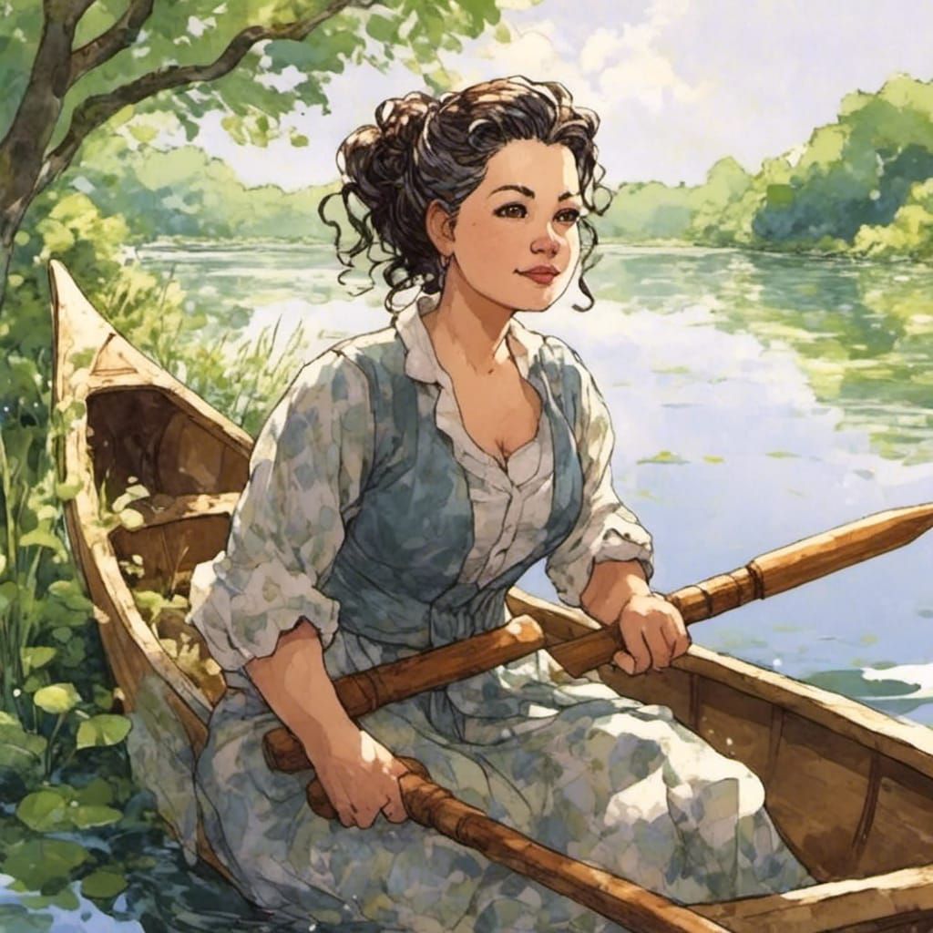 Portrait in Rowboat: Anime-Inspired Lake Scenery