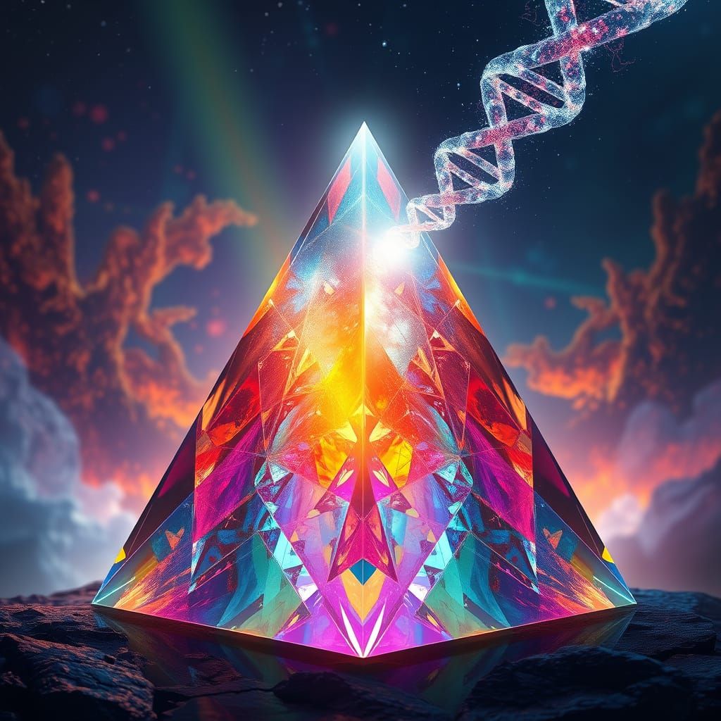 Crystal Prism Pyramid with DNA Stream in Digital Art
