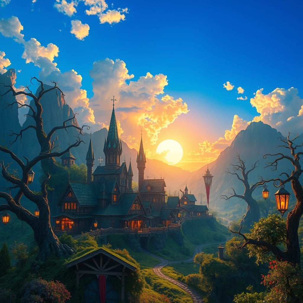 Mystical Emerald Valley Village in a Syd Mead-Inspired Fanta...