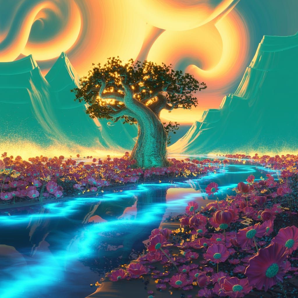 Fantasy Landscape: Glowing Tree by Electric River at Sunset