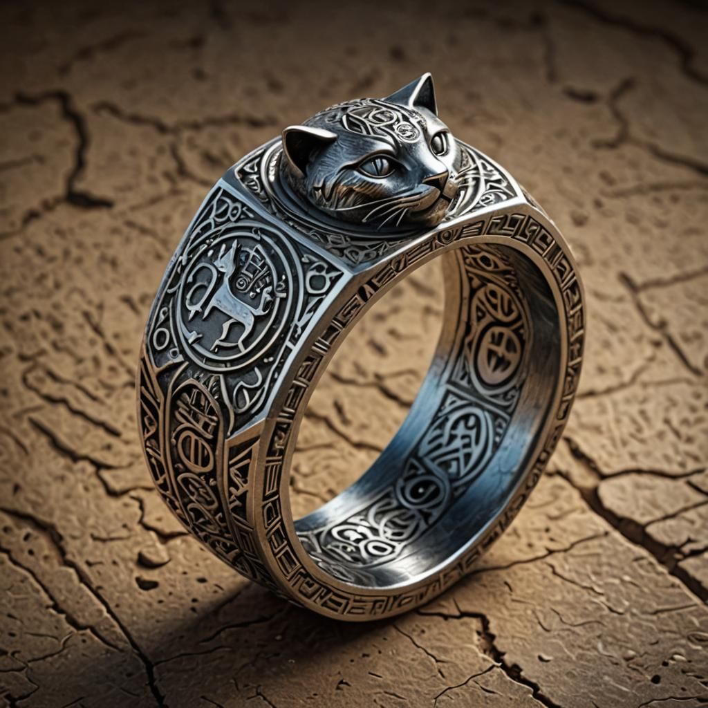 Ornate Ring Engraved with Mythical Cat Symbology