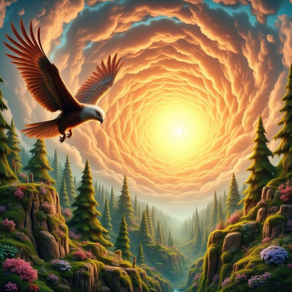 Eagle Soaring Through Golden Sky in Whimsical Style