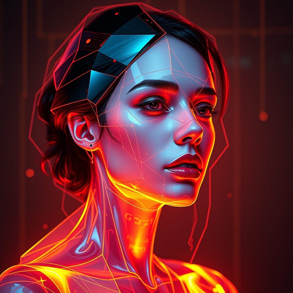 Futuristic Cubist Hologram of a Woman in Neon Light