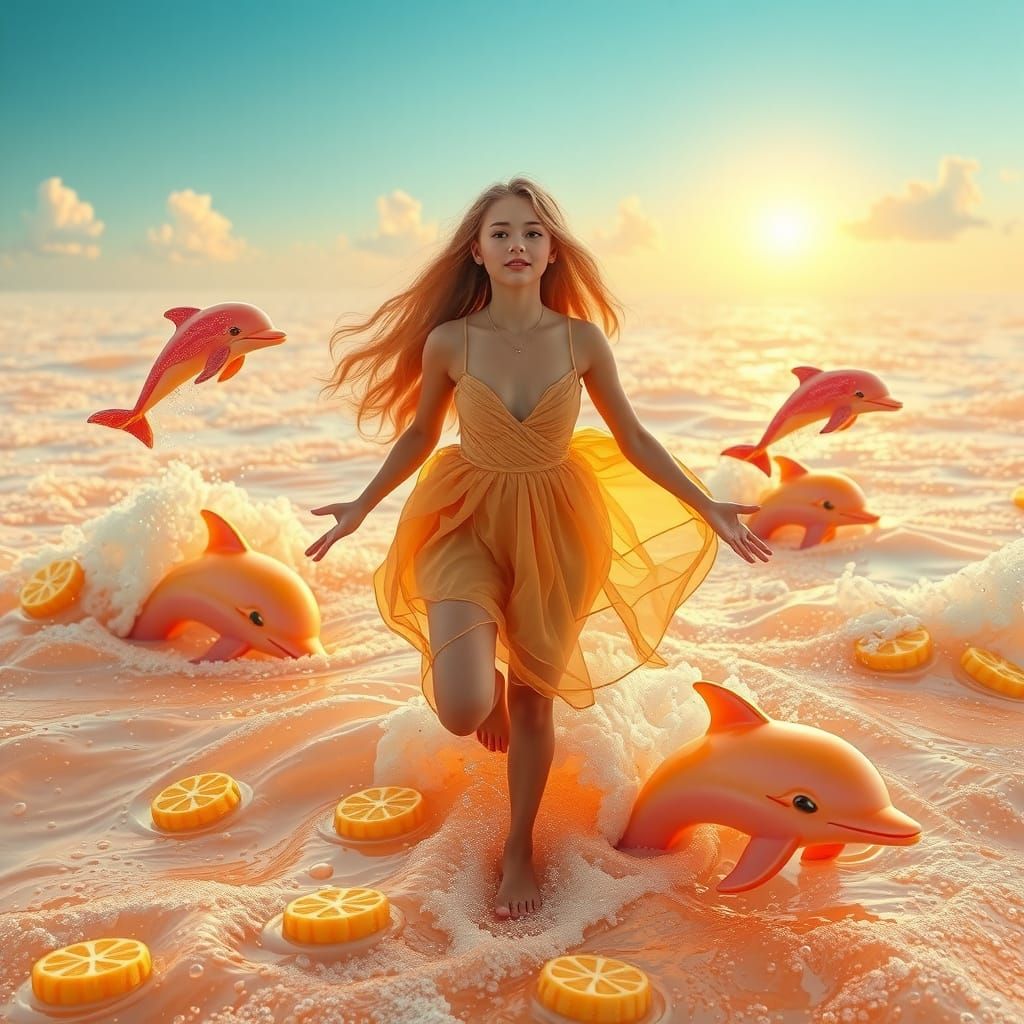 Woman Glides Over Soda Sea with Candy Sea Life