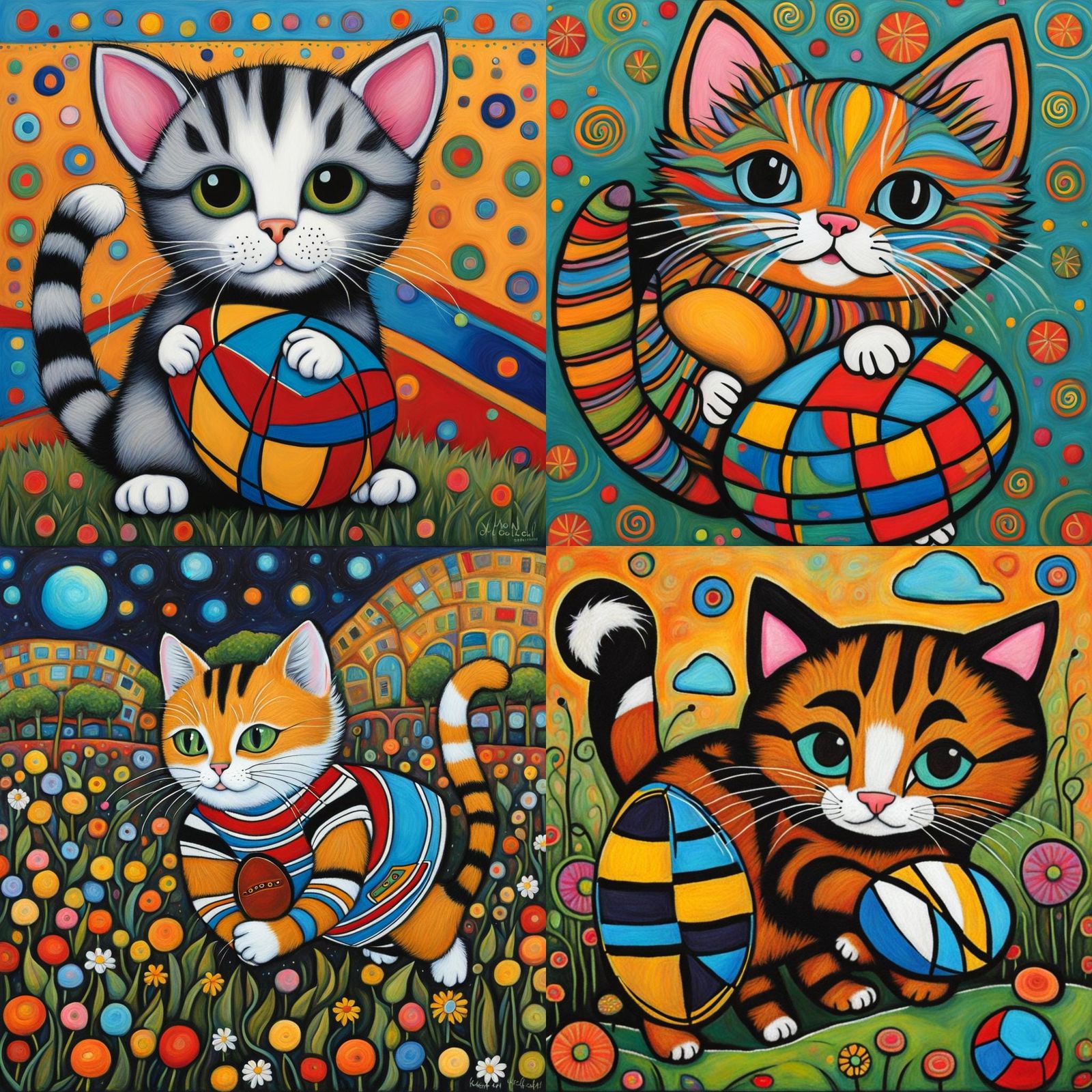 Kitten Playing Rugby in Folk Art Style