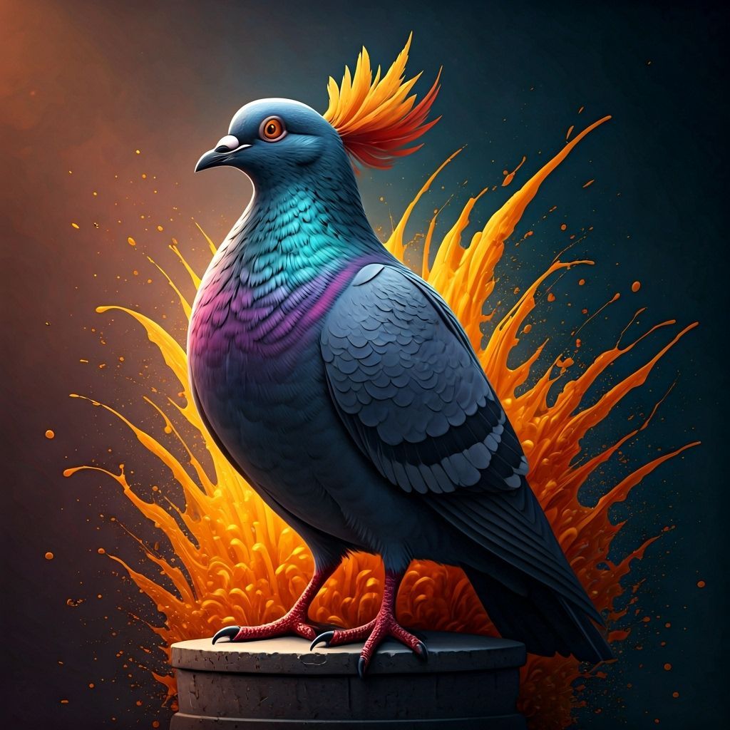 Hyperrealistic Pigeons and Statues in Dramatic Splash Art