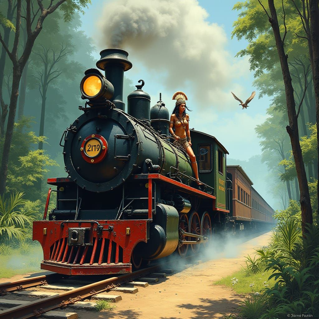 Amazon Warriors on Jungle Train, Fantasy Art