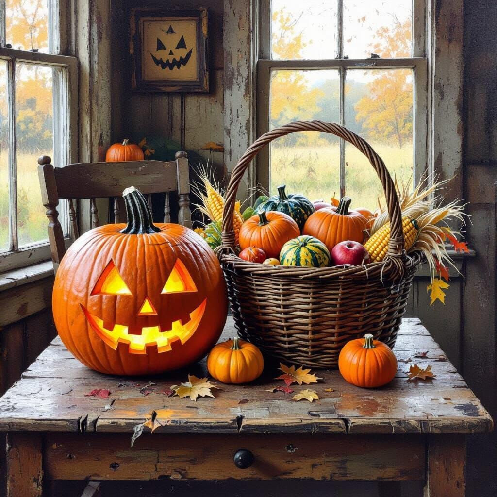 Halloween Harvest Table with Pumpkins and Gourds
