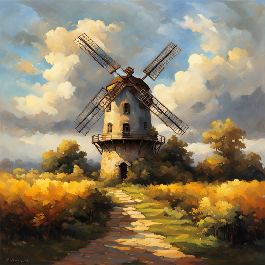 Baroque Windmill Landscape in Oil Painting Style