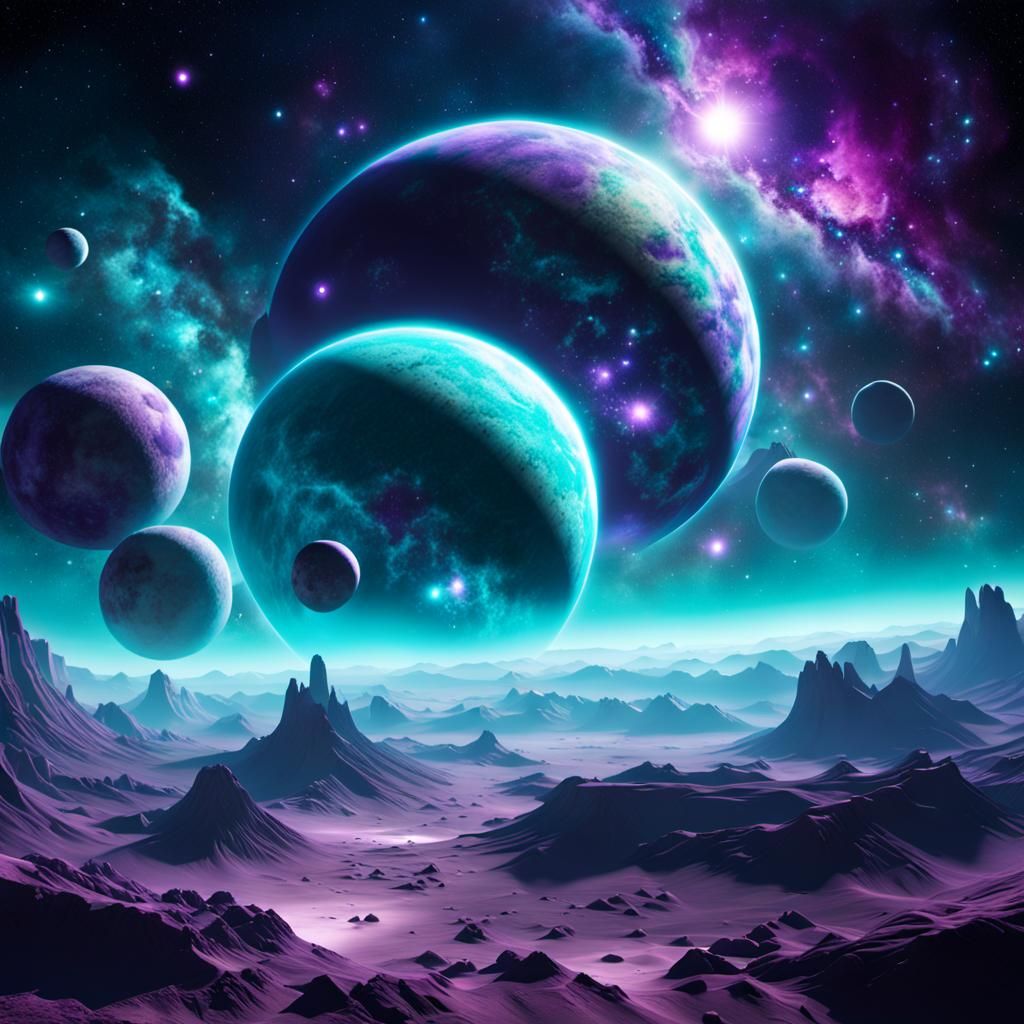 Vast Deep Space with Violet and Teal Planets