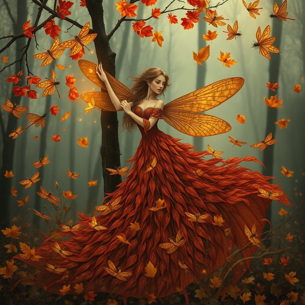 Autumn Dragonfly Dryad in Fading Forest, Digital Art