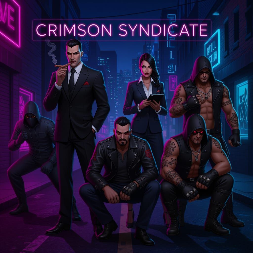Crimson Syndicate: Neon-Lit Gangster Crew in Urban Night
