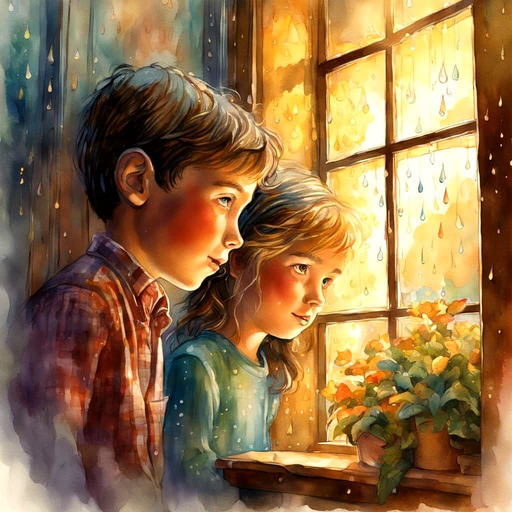 Children Watching Rain, Storybook Illustration