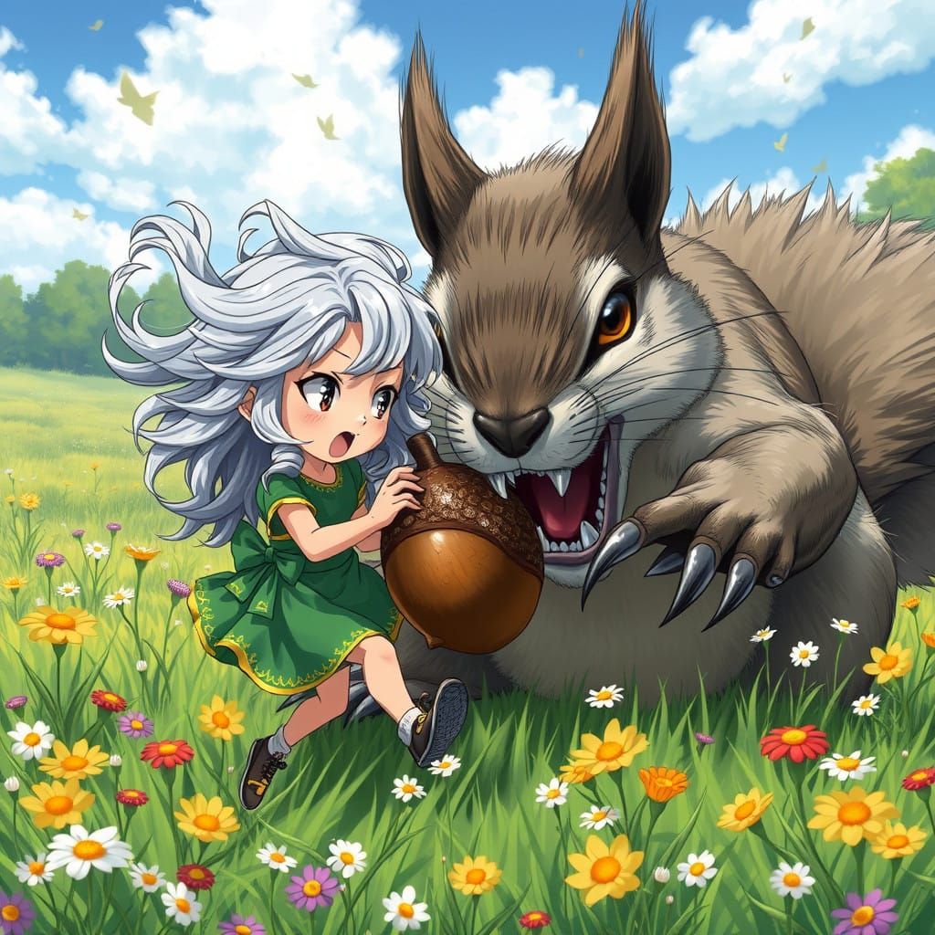 Determined Girl Battles Gigantic Squirrel in Vibrant Anime-I...