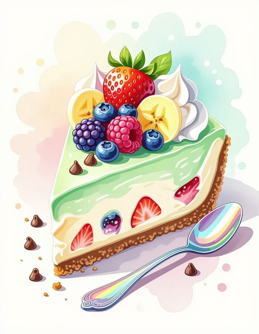 Mint Chocolate Cheesecake with Berries in Watercolor Splash ...