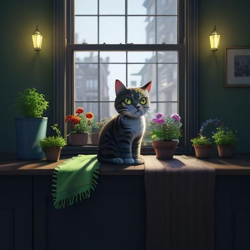 Angry Cat in Manhattan Victorian House as 3D Art
